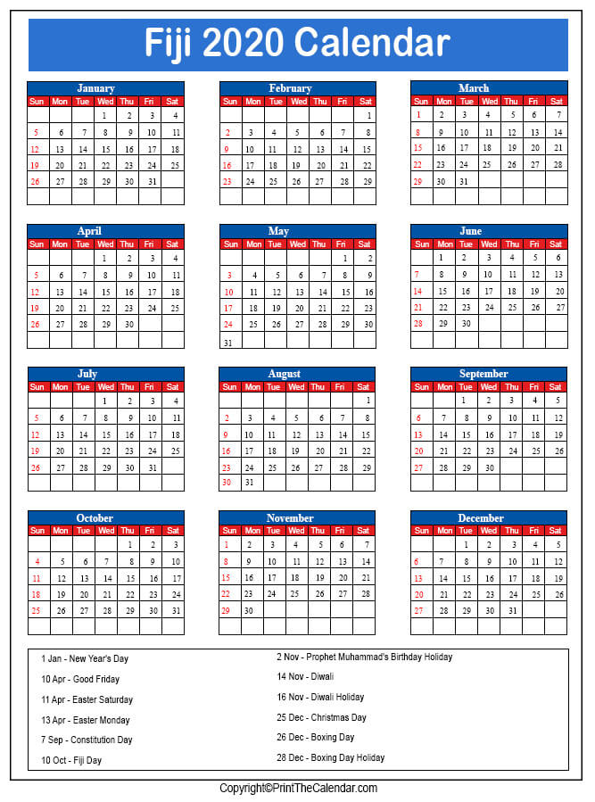 Fiji Printable Calendar 2020
